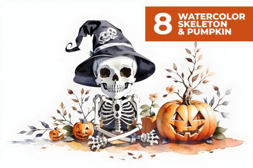 Deeezy - 8 Watercolor Skeleton & Pumpkin Stock Images