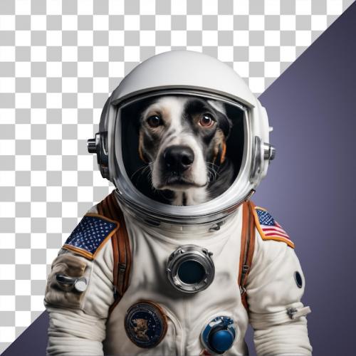 Portrait Of Humanoid Anthropomorphic Dog Wearing White Astronaut Suit Isolated Transparent