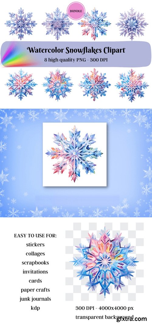 8 Watercolor Snowflakes Cliparts