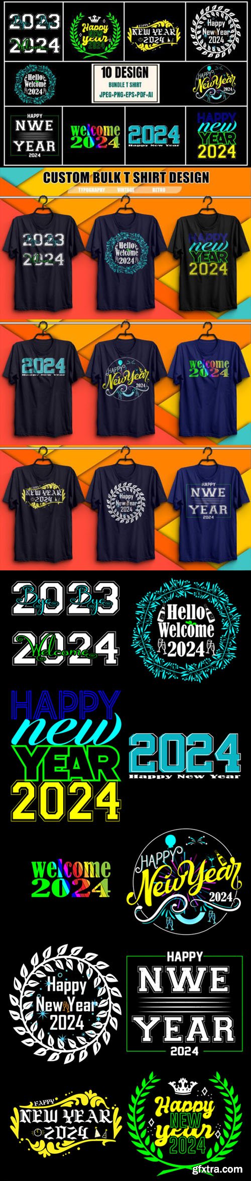 Happy New Year 2024 - 10 T-shirts Vector Design Templates