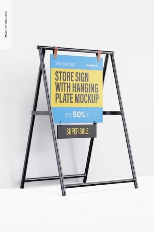 Store Sign With Hanging Plate Mockup, Left View