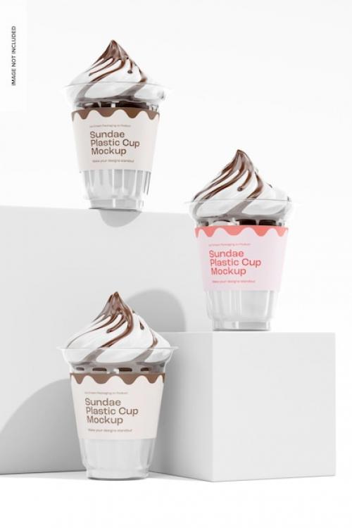 Sundae Plastic Cups Mockup, On Podiums