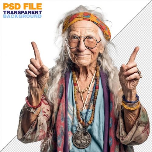 Old Hippy Woman Showing The Peace Sign With His Hand Isolated On White Background