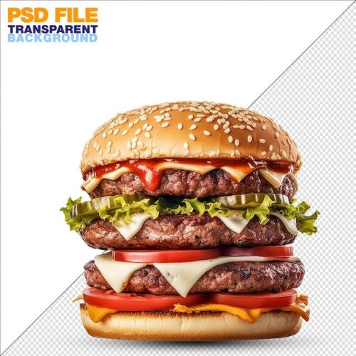 Triple Burger Isolated On Transparent Background Fast Food