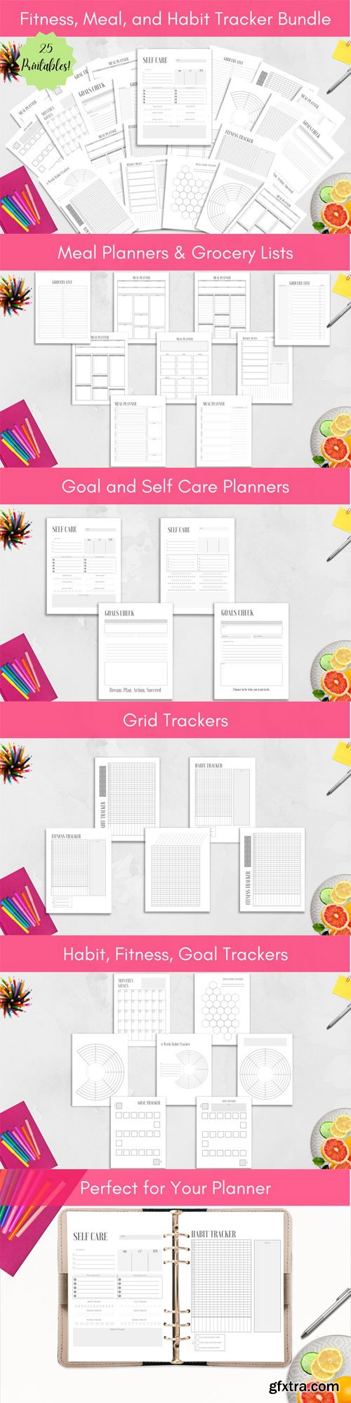 Fitness, Meal, and Habit Tracker Planner Bundle