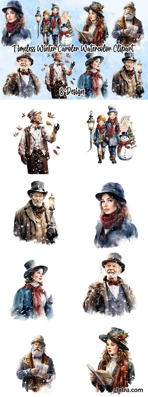 Watercolor Timeless Winter Caroler Clipart Pack