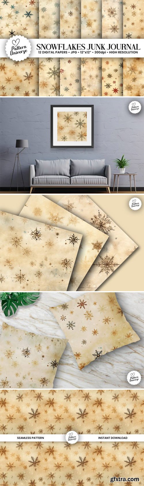 12 Snowflakes Junk Journal Textures Collection