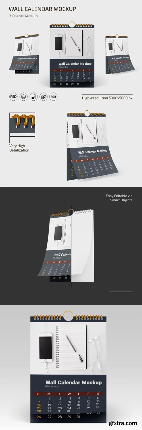 Wall Calendar PSD Mockup - 3 Realistic Mockups