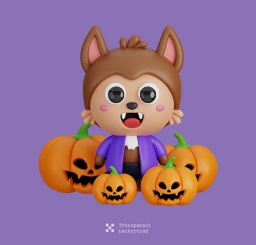 Funny Halloween Cartoon Character Werewolf With Pumpkin Lanterns Isolated 3d Render Illustration