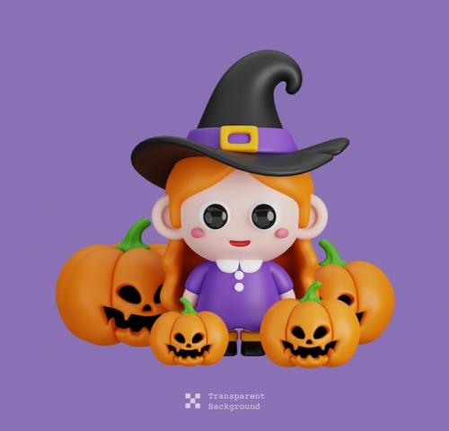 Funny Halloween Cartoon Character Witch And Pumpkin Lanterns Isolated 3d Rend