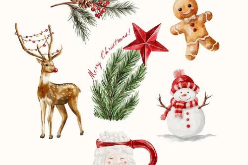 Watercolor Christmas Clipart Holidays Deer Snowman