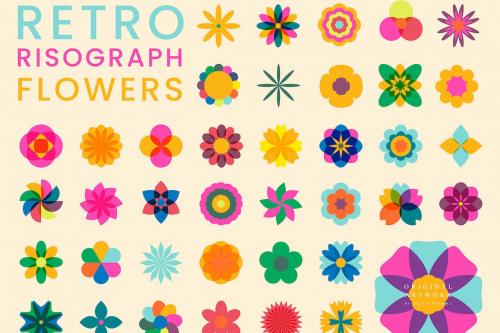 Retro Risograph Style Flowers Floral Elements