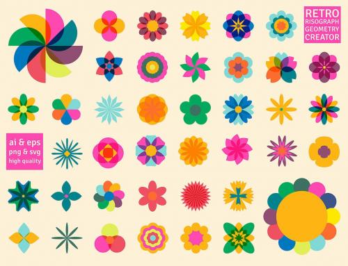 Retro Risograph Style Flowers Floral Elements