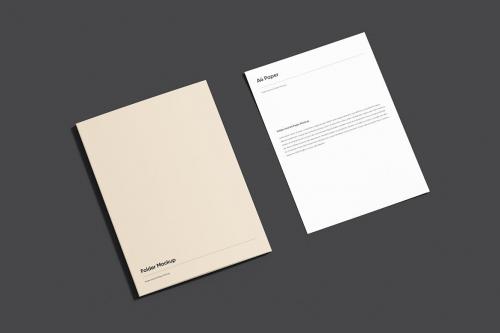 Folder and Paper with Business Card Mockup