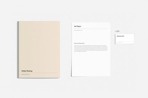 Folder and Paper with Business Card Mockup