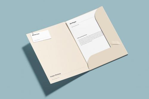 Folder and Paper with Business Card Mockup