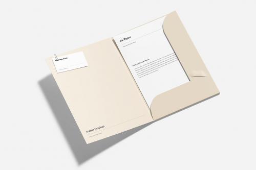 Folder and Paper with Business Card Mockup