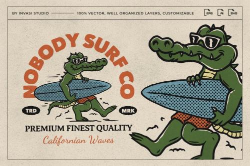 Vintage Crocodile Surfer Character Mascot logo