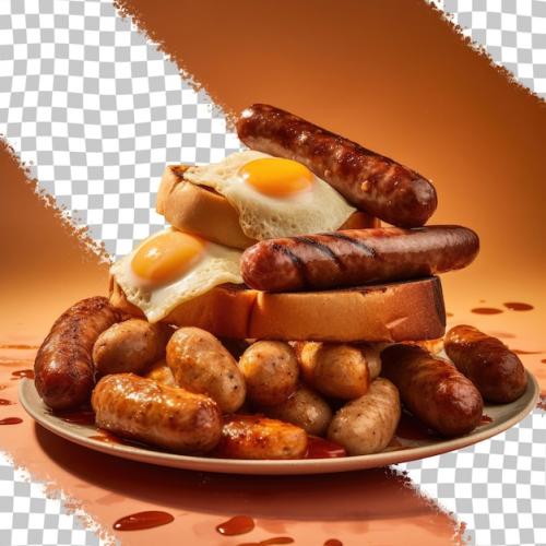 A Plate Of Sausages And Sausages With A Gravy In The Background.