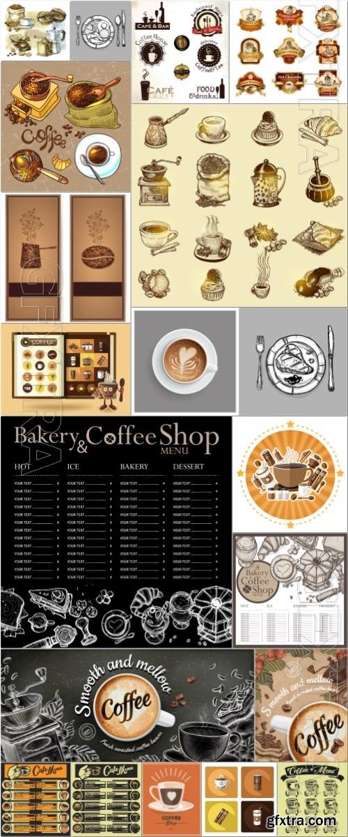 Coffee menu, logos, labels, elements in vector vol 1