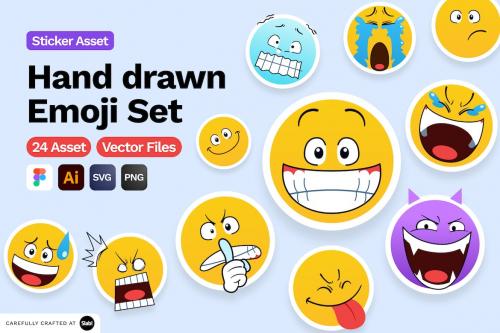 24 Hand drawn Emoji Set - Sticker Icon Asset