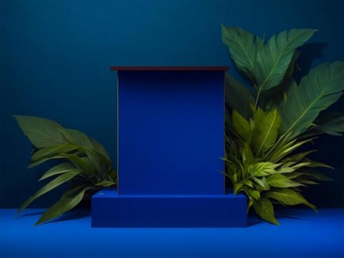 Cosmetics Advertising Blank Stand Exhibition Wooden Podium On Blue Dark Background With Leaves