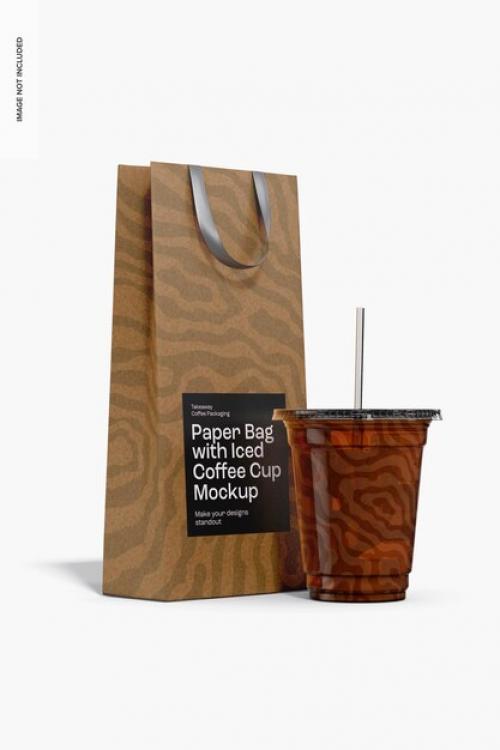 Paper Bag With Iced Coffee Cup Mockup, Left View