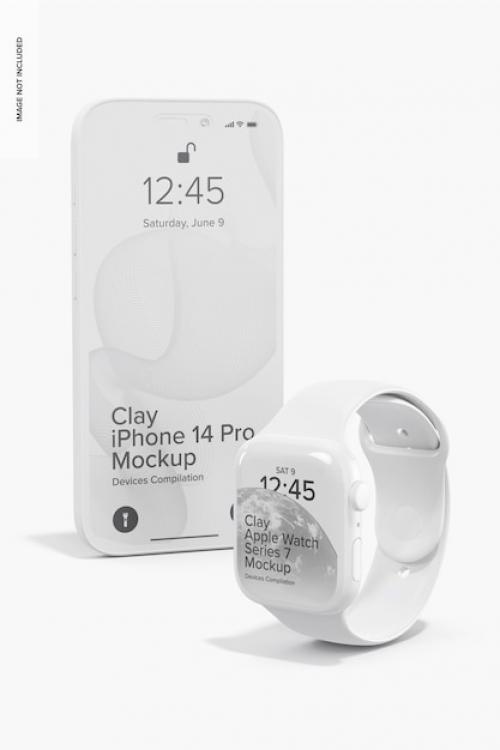 Clay Iphone 14 Pro With Apple Watch Series 7 Mockup