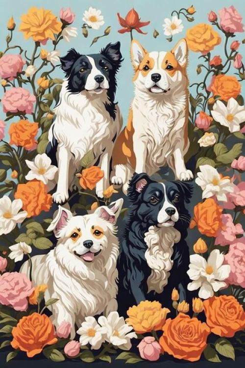 Dog With Flowers In The Olorful Background