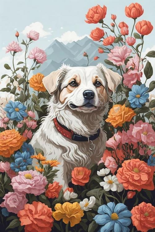 Dog With Flowers In The Olorful Background