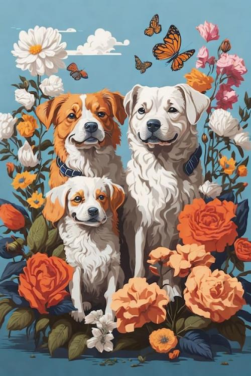 Dog With Flowers In The Olorful Background