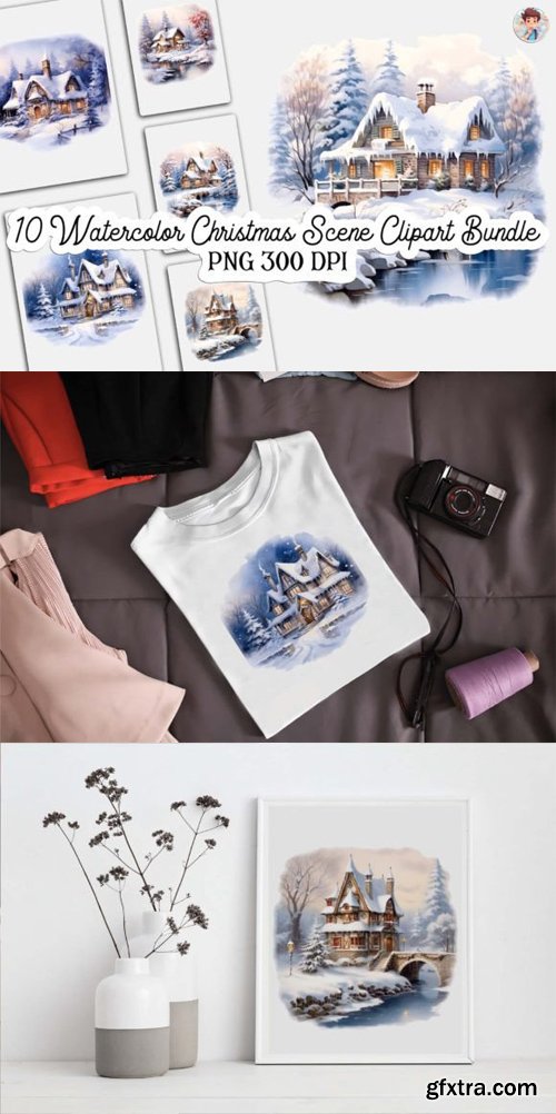 10 Watercolor Winter Scene Clipart Bundle