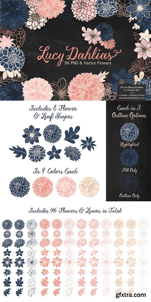 96 Hand Drawn Navy Blush Lucy Dahlias