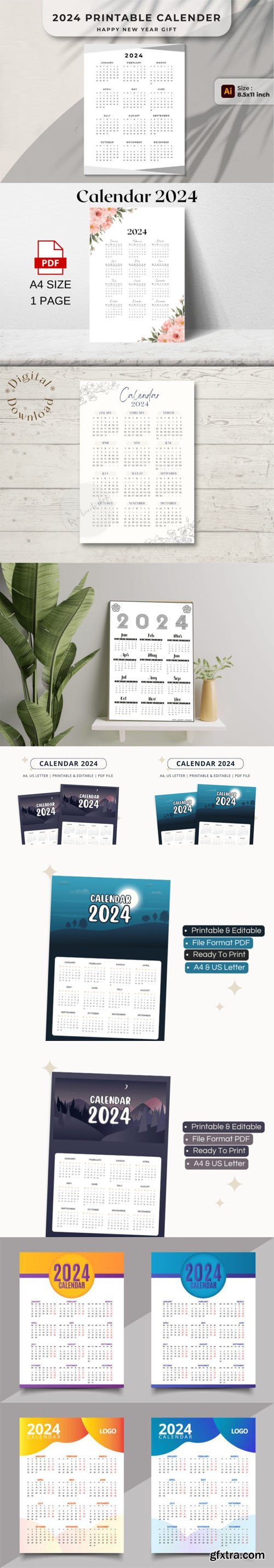 Printable [A4/US Letter] Calendars 2024 [Vector + PDF] Templates