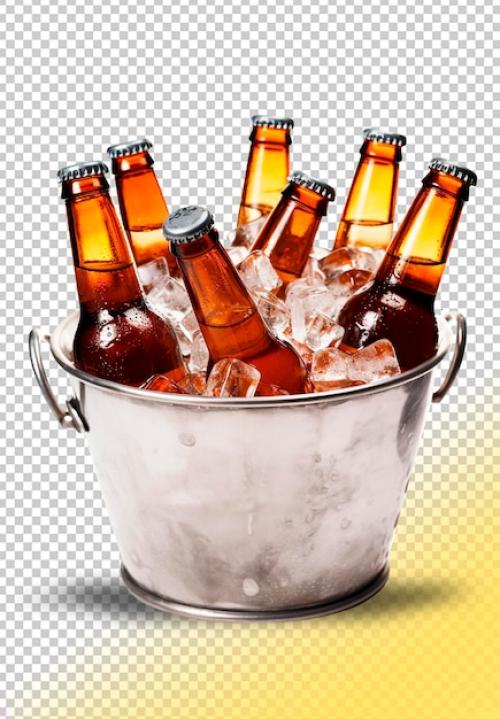 Psd Beer Bottles In Bucket With Ice Cubes Isolated On White Background