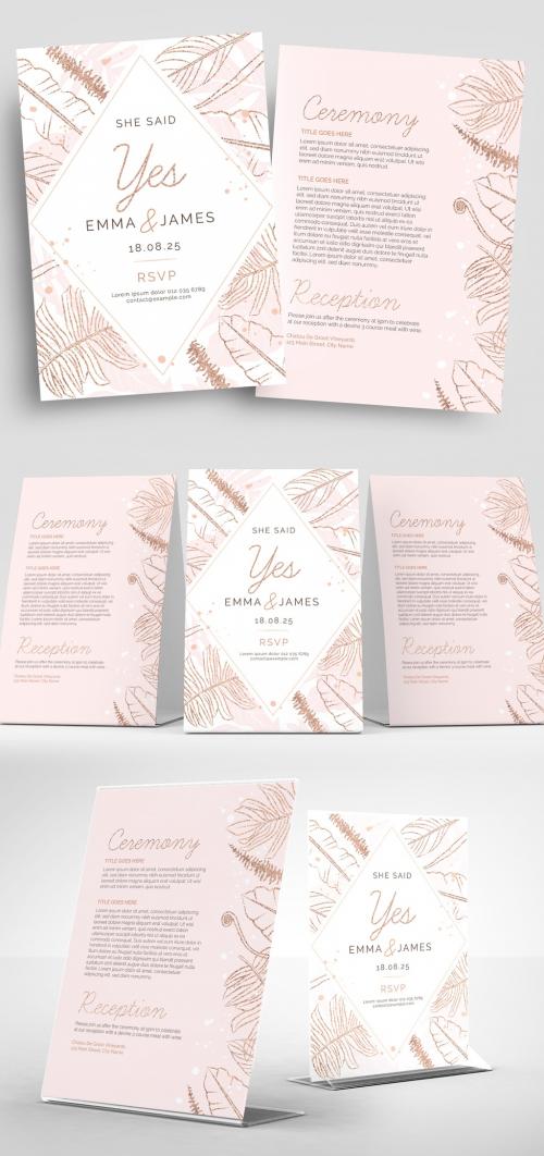 Rose Gold Wedding Flyer Layout with Foliage Illustrations - 332426662