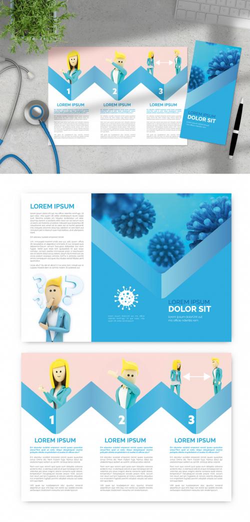 Pink and Blue Trifold Brochure Layout with COVID-19 Information and Illustrations - 332448309