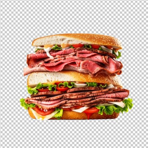 Big Appetizing Fast Food Sandwich With Lettuce Tomato Smoked Ham And Cheese Isolated On White Back