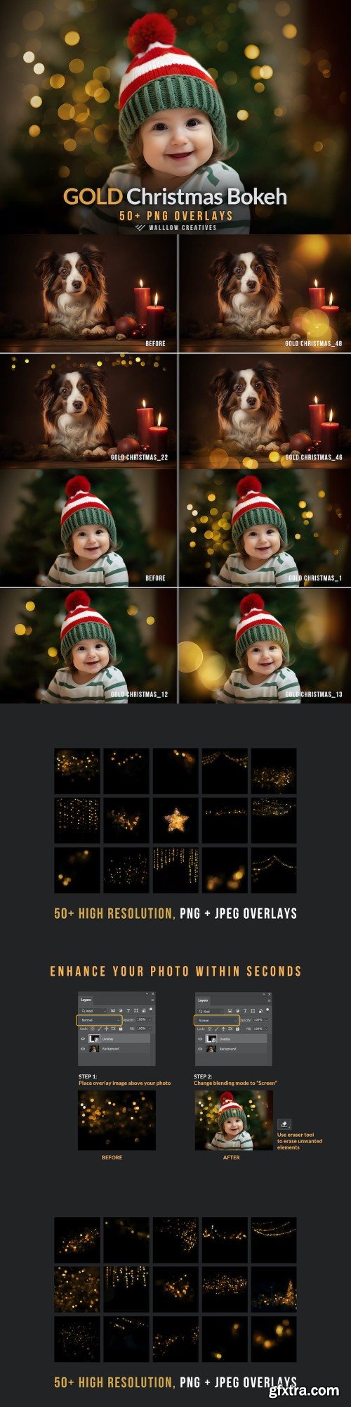 Gold bokeh light Christmas photo overlays