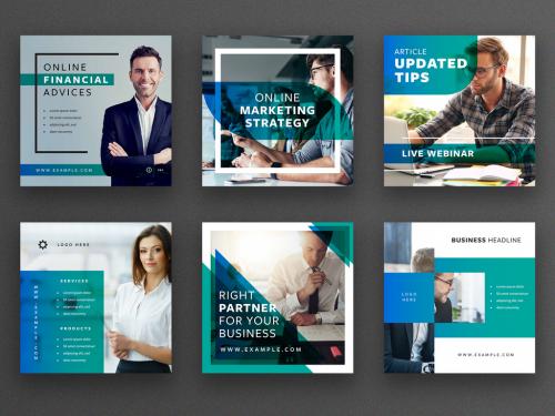 Social Media Post Layout Set with Blue and Teal Overlay Elements - 333279103