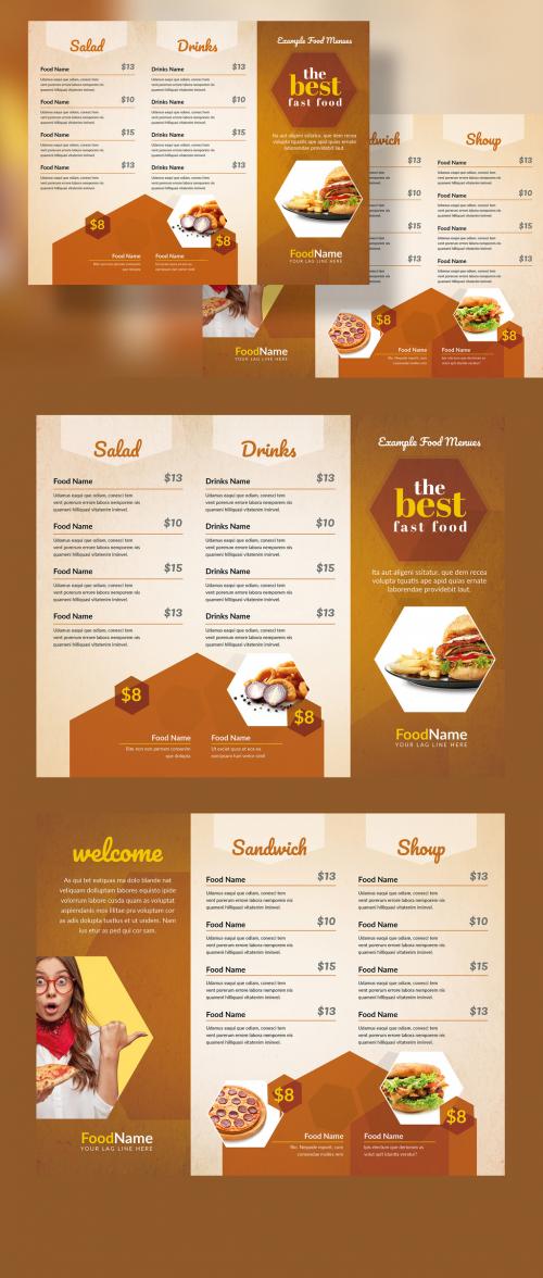 Golden Food Menu Trifold Layout with Hexagon - 333558924