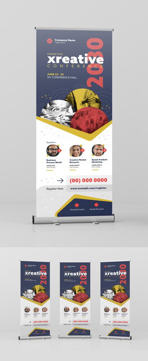 Standing Roll-Up Banner with Navy Blue and Yellow Accent - 334231620