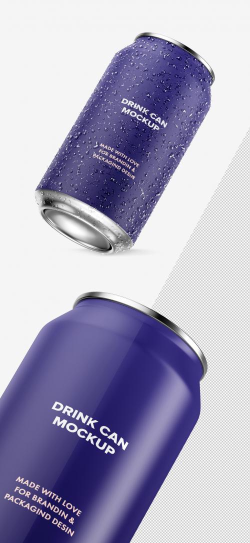 Isolated Inclined Iced Aluminum Drink Can Mockup - 334505057