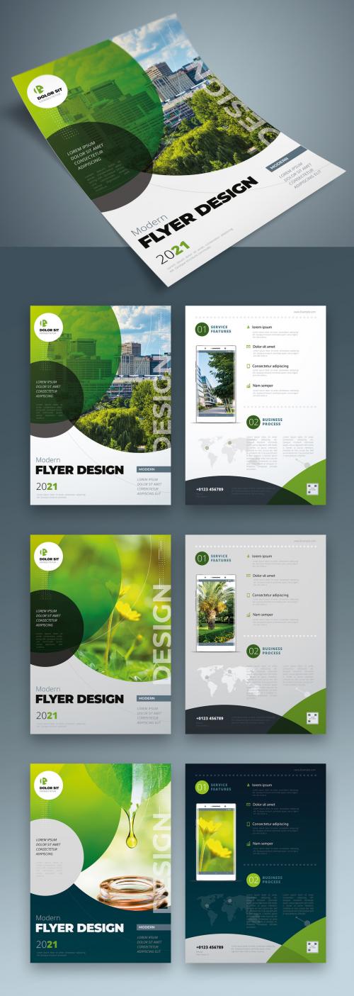 Flyer Layout with Layered Green Circle Shapes - 334852824