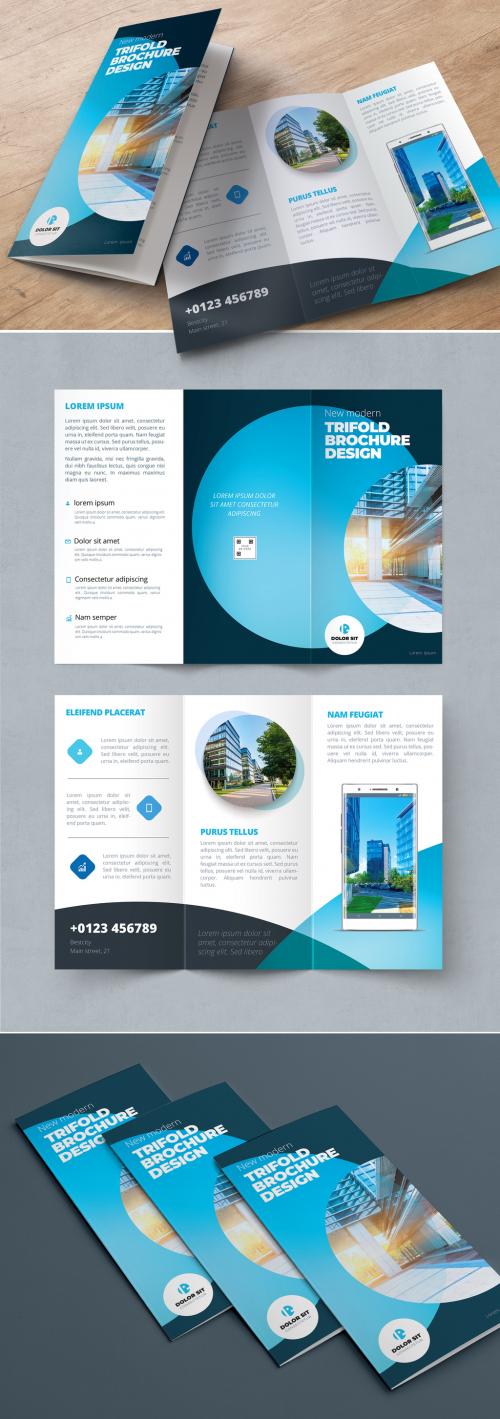 Blue Trifold Brochure Layout with Abstract Circles - 334853130