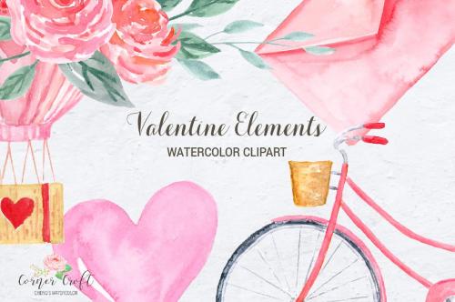 Watercolor Valentine Elements