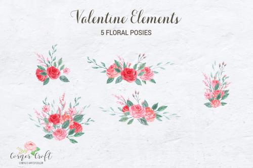 Watercolor Valentine Elements