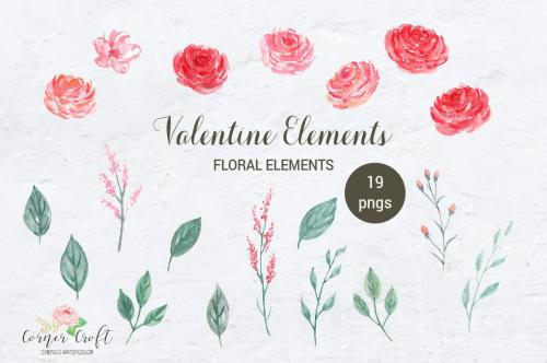 Watercolor Valentine Elements