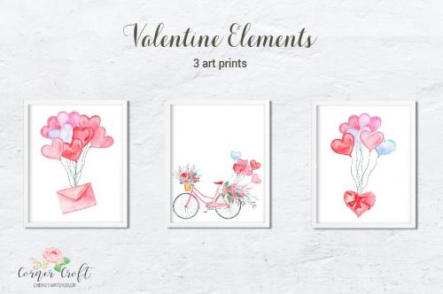 Watercolor Valentine Elements