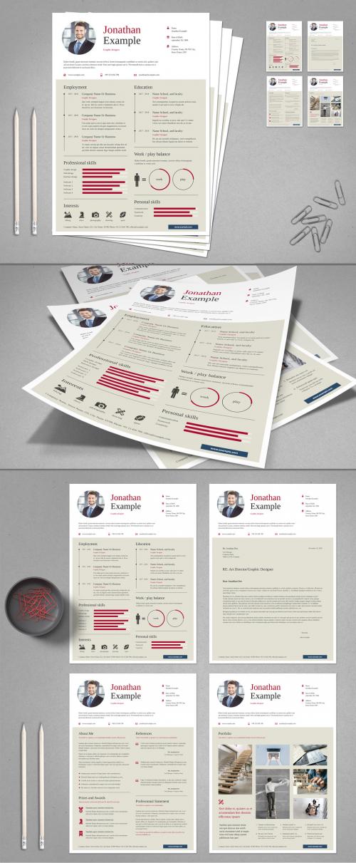 Beige and White Resume Layout with Red Accents - 336176304